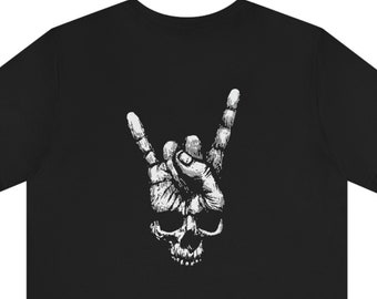 Skull Horns, Rock Hand, Design On Back, Heavy Metal Rock N Roll T-Shirt on Skull Tee, Rock Horns Skull Tshirt,Unisex Short Sleeve