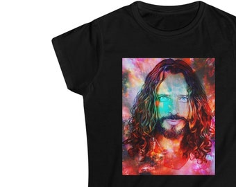 May include: A black t-shirt with a colorful image of a man with long hair and a beard. The background is a galaxy of stars and nebulae.