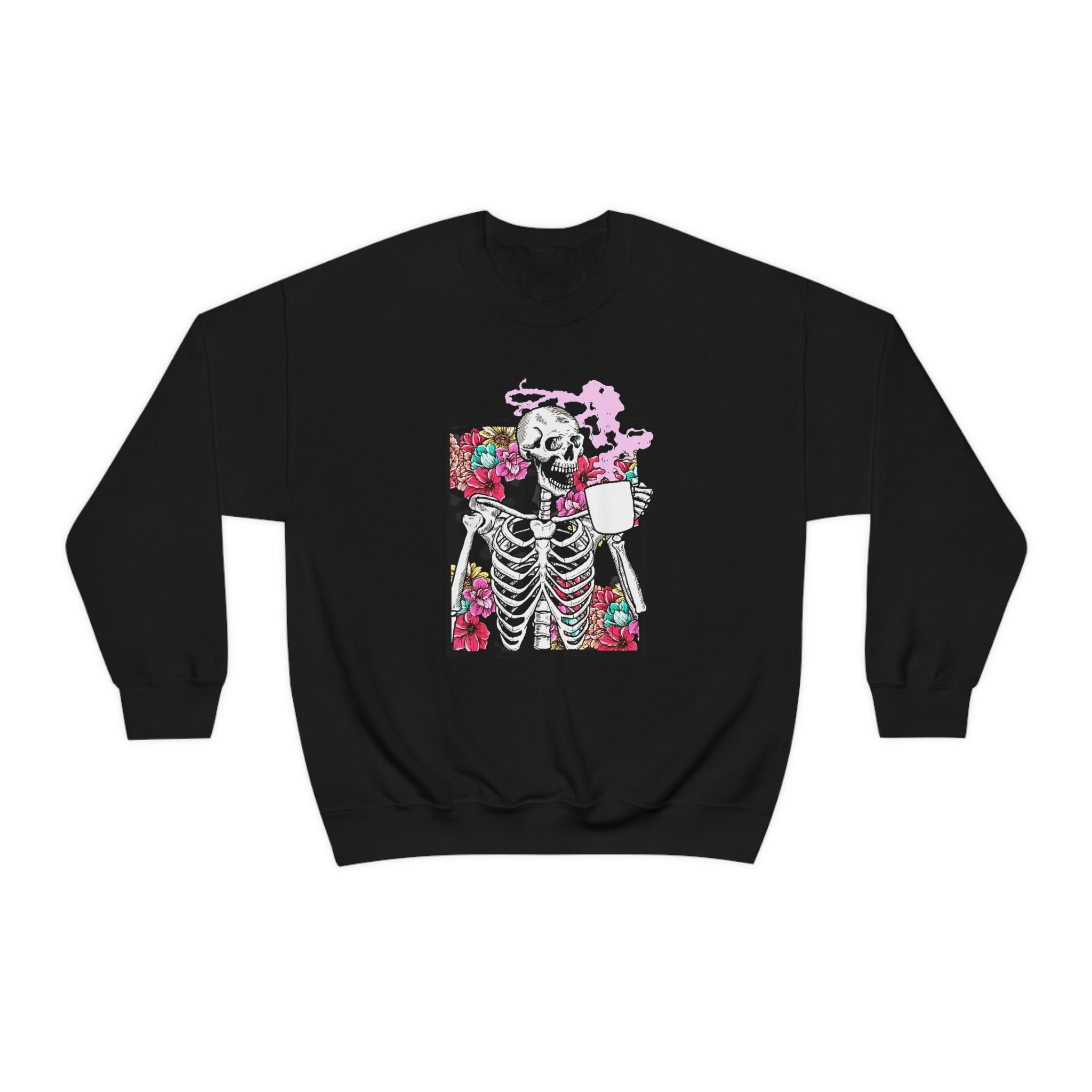 Staying Alive Sweatshirt, Skeleton Drinking Coffee, Skull Flower Coffee,Unisex Heavy Blend Crewneck Sweatshirt