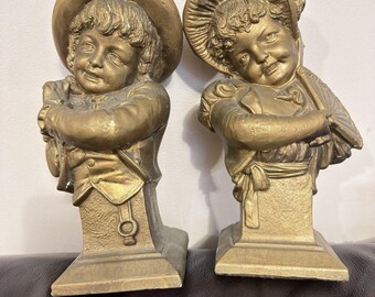 Vintage 1964 ESCO Products Chalkware Bookends Bust Set Boy & Girl E. Villanis