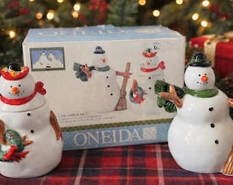 Vintage Oneida Schneemann Zucker & Milchkännchen Set Weihnachten Keramik Urlaub Küche Dekor Winter Schneemann Serviergeschirr Geschenk