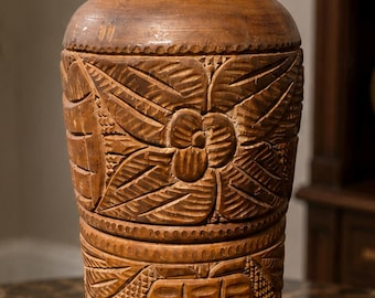 Vintage Hand Carved Wooden African Tribal Vase Urn 20” Tall Folk Art Floral Geometric Decor