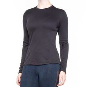 May include: A solid black long-sleeve shirt featuring a crew neckline and fitted silhouette. The garment has vertical side seams that run from the armpit to the hem, providing a structured shape. The sleeves are long and end at the wrists.
