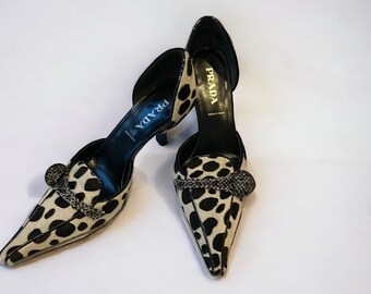 PRADA dyed calf Fur Animal Print Pointed Toes Dorsay EUR37 UK4 US7 Vintage