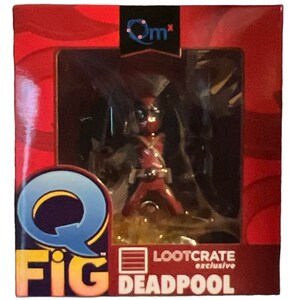 May include: A Deadpool Q-Fig figurine in a red and black box. The figure is in a dynamic pose, wearing his signature red and black suit. The box features the Loot Crate and Q-Fig logos, with the word "Deadpool" prominently displayed.