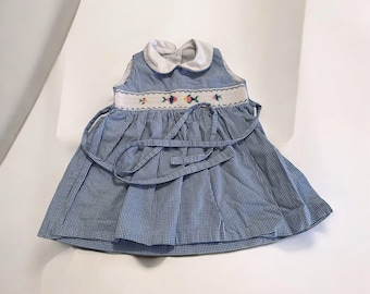 Anavini Fish Smocked Baby Girl Dress Size 12 Months Blue And White Gingham