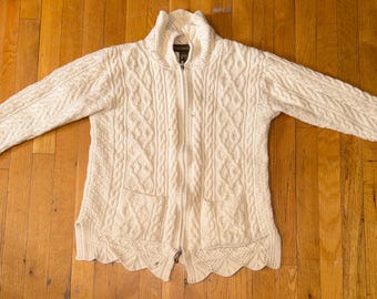 Inis Crafts 100% Merino Wool Irish Aran Cardigan Sweater • Made in Ireland • Cream Cable Knit Zip Up • Women’s Medium