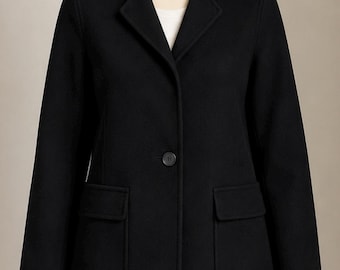 Chaqueta tipo blazer Max Mara negra 100% lana virgen, talla 10 para mujer, cierre de un solo botón, estilo clásico de lujo.