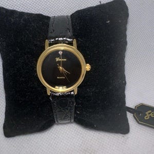 Genevex Ladies 26MM Watch Gold Black Diamond Dial Black Leather Band