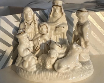 White Ceramic Nativity Scene with Gold Trim (4x3")