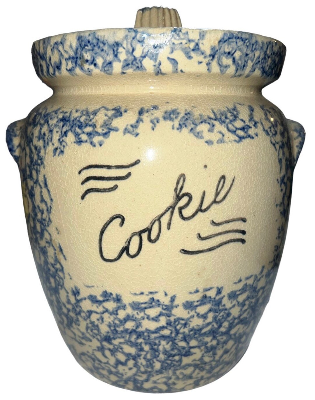 Vintage RRP Blue Spongeware Cookie Jar Robinson Ransbottom Pottery