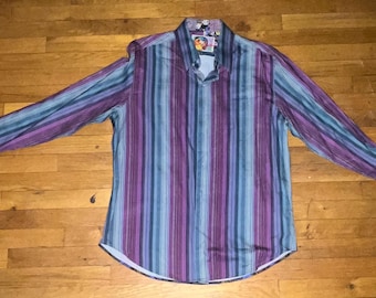 Camisa de manga larga con botones y rayas en violeta y azul vibrantes de Robert Graham, talla XL