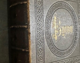 May include: A vintage, leather-bound book with embossed decorative patterns and the name "Byron" in gold lettering. The book's spine is dark brown, and the cover is a lighter shade of brown.