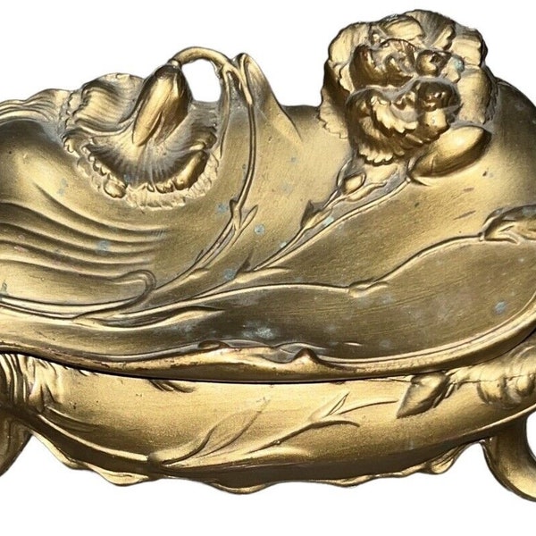 Victorian JB Art Nouveau jewelry casket gold paint spelter metal box footed case