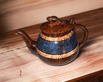 VTG Brown Pottery Teapot with Blue and Gold  Accent Unique Lid From England