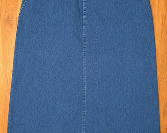 Gonna in denim Talbots taglia 18, blu, classica, midi, in stile vintage, in cotone, a vita alta, modello a trapezio, casual chic.