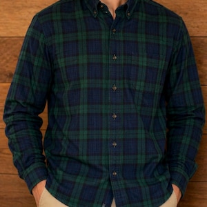 Camisa de franela a cuadros L.L. Bean, talla grande regular, azul verdoso, tartán, con botones, estilo vintage, 100% algodón, corte clásico.
