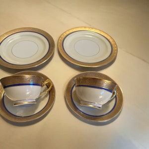 J S Maier & Co Poschetzau Czech Porcelain Gold Encrusted 2 Tea Cups 2 Dessert Pl