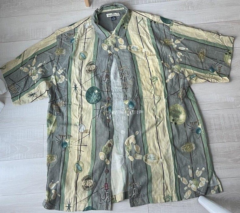 VTG Tommy Bahama 100% Silk Bowling Shirt XL Hawaiian Luau Pins Balls Retro Camp image 1