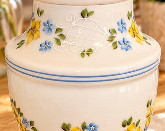 Cottagecore Floral Canister Jar Vintage Style Porcelain Lidded Storage Jar Farmhouse Kitchen Decor Shabby Chic Blue Yellow Flowers