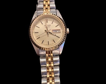 VTG Pulsar Reloj Mujer Dos Tonos Champagne Dial Daydate 24mm V783-0030