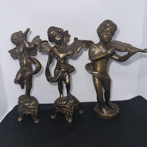 Brass Bronze Cherub Angels Set Lyre, Flute & Violin - 3 Figurines 5.5 in