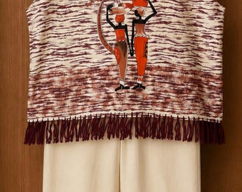 Vintage African Dashiki Poncho & Pants Lounge Set Cream Brown Fringe Tribal Print Handmade