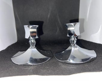 Pair of Vintage Irvinware Chrome Candlestick Holders Mid-Century Modern Fan Base USA
