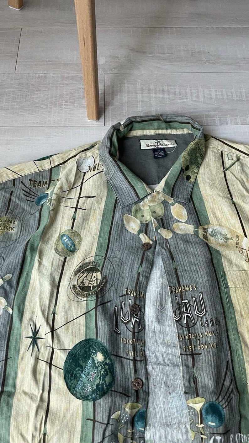 VTG Tommy Bahama 100% Silk Bowling Shirt XL Hawaiian Luau Pins Balls Retro Camp image 7