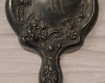 Antique Pewter Silver Plated Hand Mirror Art Nouveau Mirror