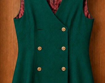 VTG Green Dress Vest Women’s Gold Button Lined Mini Dress Size M