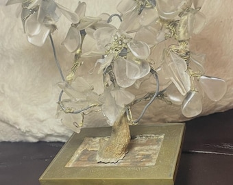 Vintage Chinese Rose Quartz Gemstone Bonsai Tree in Engraved Brass Planter Asian Hardstone Flower Sculpture Feng Shui Decor