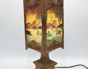 Antique Le-Mur Egyptian Revival Reverse Painted Ribbed Glass Table Lamp 18