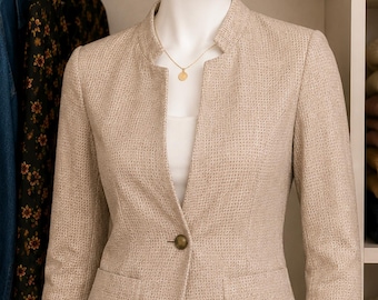 Chaqueta tipo blazer texturizada de un botón para mujer de Kate Hill, talla 14, color beige tostado.
