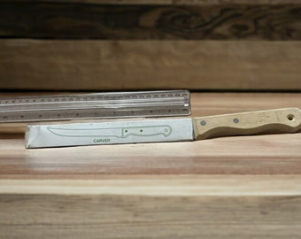 Vtg Chefs Collection Japón Cuchillo tallador de acero inoxidable Mango de madera Hoja de 8"