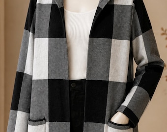 Rachel Zoe Buffalo Plaid Hooded Cardigan Sweater Women’s Small Black Gray White Open Front