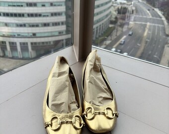 VTG Gucci Women's Light Gold Metallic Horsebit Ballerina Flats Size 9 1/2 B