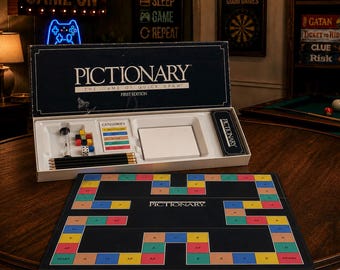 Vintage Pictionary First Edition Board Game 1985 Complete with Original Box Cards Timer Board Dice & Pencils Family Party Game
