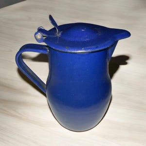 Vintage Blue Enamel Milk Pot, French Enamelware Hinged Lidded Milk Jug, Vintage French Enamel Kitchen Dining Decor