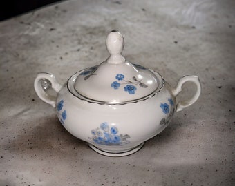 VTG Czechoslovakia Blue Flowers Lidded Floral Sugar Bowl Fine Bohemian China