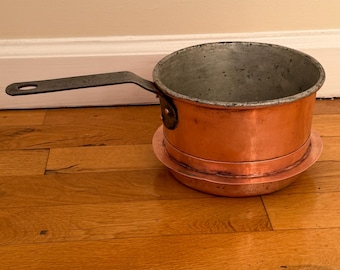 Vintage Copper Saucepan Pot w/ Iron Handle 7” Diameter 4” Height Rustic Farmhouse Kitchen Decor French Style Cookware