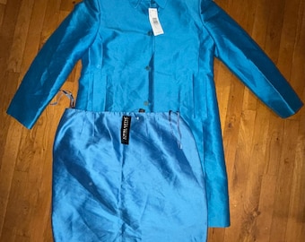 Vintage Linda Allard Ellen Tracy 2-delad kostym med blå satinjacka, kjol, storlek 16, NWT designerklädsel, formell outfit