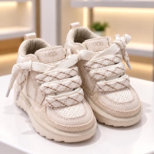 May include: A pair of cream-colored UGG sneakers featuring a textured mesh and suede upper, thick laces with a brown diamond pattern, a padded collar, and a chunky rubber sole. The UGG logo is embossed on the tongue of each shoe.
