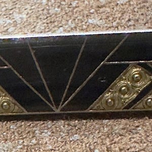 Vintage PIERRE BEX Art Deco revival bar brooch pin iridescent gold black glazed enamel
