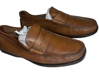 May include: A pair of brown leather loafers with a penny strap detail. The loafers have a stitched seam around the edge of the sole and a leather lining.