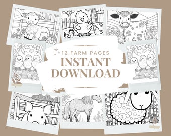 Farm Coloring Pages JPEG, Teacher Tools, Elementary School, Black and White, Farming Animals, Cows Pig Horses, Digital Download. 12p.