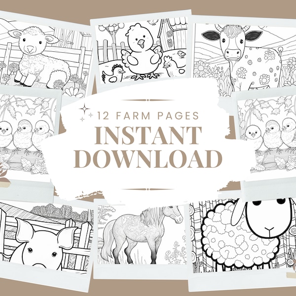 Farm Coloring Pages JPEG, Teacher Tools, Elementary School, Black and White, Farming Animals, Cows Pig Horses, Digital Download. 12p.