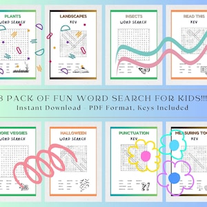 Puede incluir: Un paquete de 8 rompecabezas de búsqueda de palabras imprimibles para niños. Los rompecabezas tienen temas como plantas, paisajes, insectos, lectura, verduras, Halloween, puntuación y herramientas de medición. Cada rompecabezas incluye una clave.