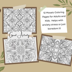 12 Fun Printable Mosaic Geometric Coloring Pages Adult Kids Students ...