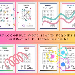 May include: Eight printable word search puzzles for kids, featuring themes like baseball, winter, medical, heads up, trees, circus, old west, and firefighting. Each puzzle includes a key.